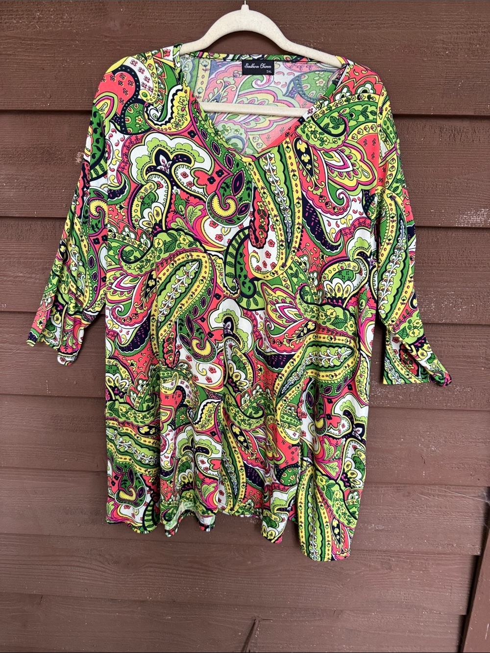 Southern Charm Paisley V-Neck Tunic in Pink & Green size 2XL